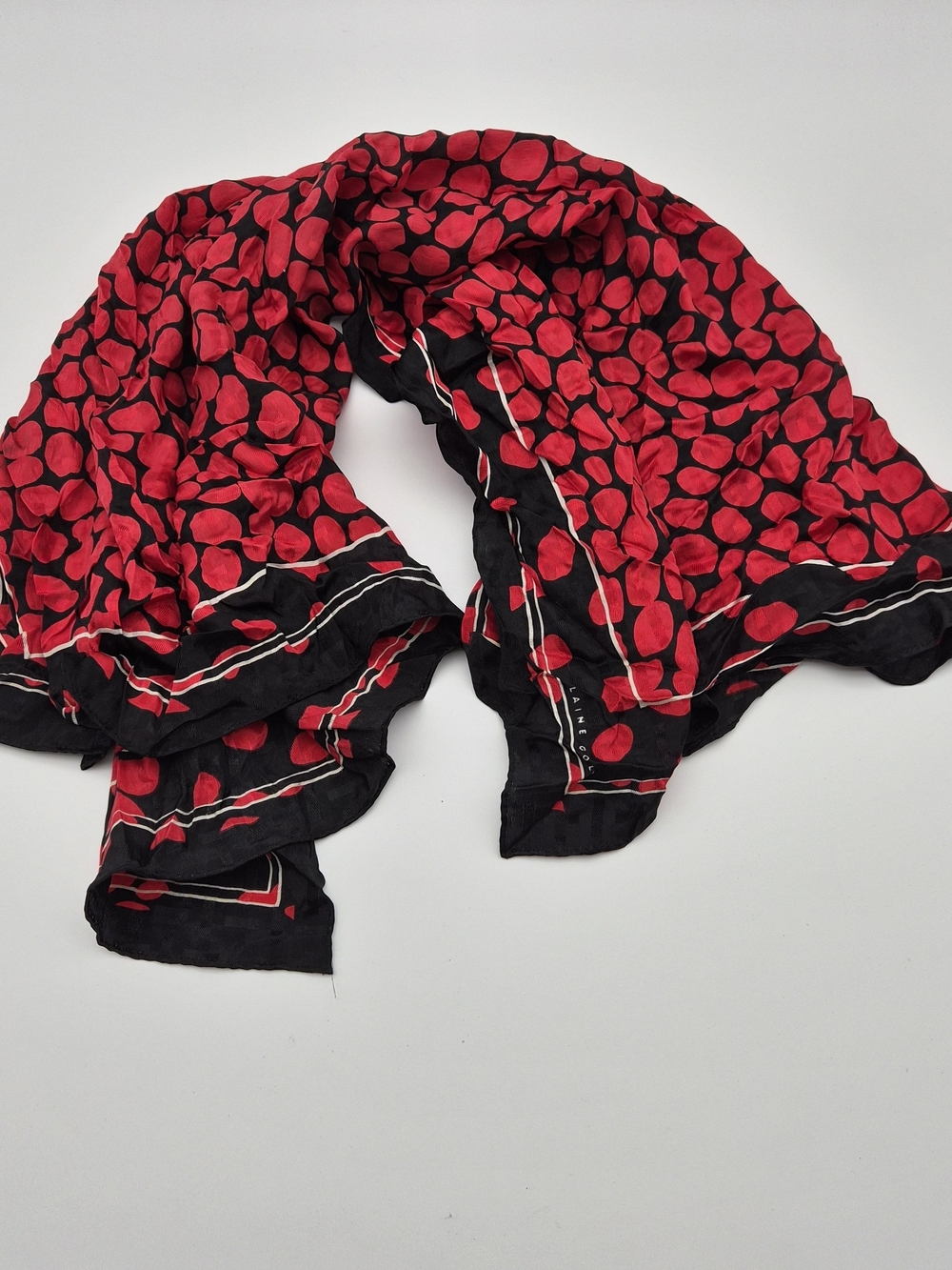Elaine Gold Silk Black Scarf with Red Rose Petal Print